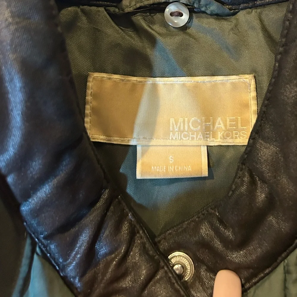 Michael Kors Olive Green Quilted Jacket with Faux Leather Detailing